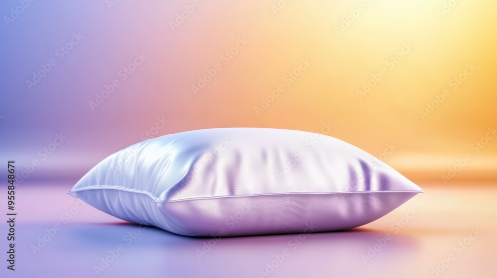 Poster a white pillow sits on a table in front of a colorful background