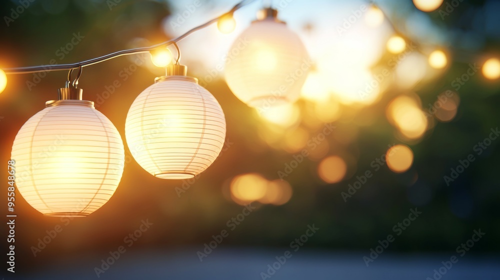 Poster three white lanterns hanging from a string, creating a warm