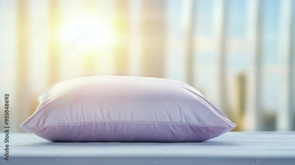 Poster a white pillow sits on a table in front of a window