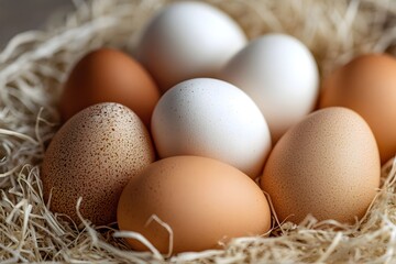 Assortment of Fresh Farm Eggs in Straw Nest