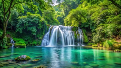 Fototapeta premium Crystal clear waterfall in lush green forest , waterfall, clear water, lush, green, forest, nature, environment, tranquil