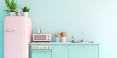 Modern Kitchen Interior with Pastel Pink and Blue Cabinetry