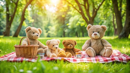 Teddy bears enjoying a picnic on a blanket in a lush green park , Teddy bear, picnic, blanket, comfort, playfulness