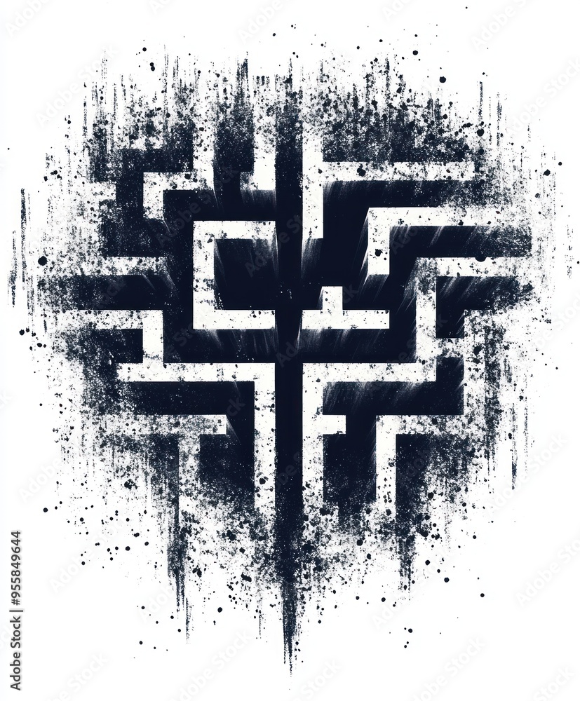 Poster A stylized maze design with a central tree-like structure, conveying complexity and growth.