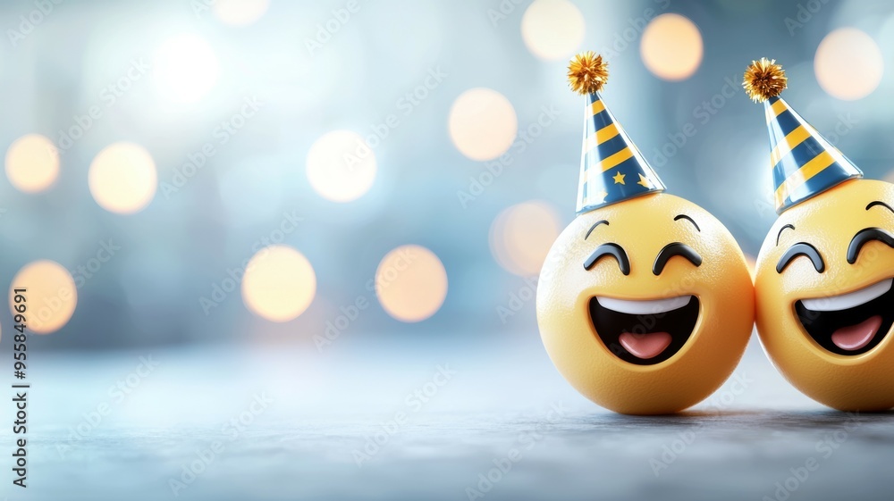 Poster two smiling faces with party hats on a table