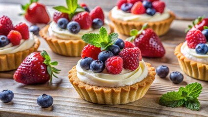 Berry tartlets and cake topped with cream cheese, perfect for a healthy summer dessert, summer, pastry, dessert, berries