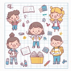 Cute Cartoon Illustration of Students with School Supplies on a Graph Paper Background