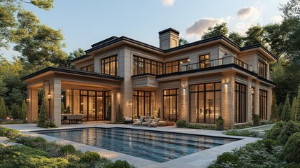 Fototapeta premium Modern luxury home with a pool surrounded by lush greenery.