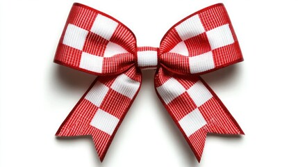 A vibrant red and white checkered ribbon bow, perfect for decorations, gifts, and crafts. Bright and cheerful design enhances any occasion.