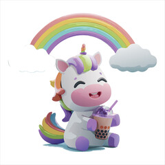 Lovely Unicorn with Rainbow and Bubble Tea Cup