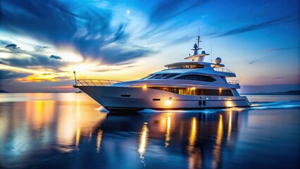 Luxury yacht speeding in the night with bright lights reflecting on ocean water, speeding, luxury yacht, night