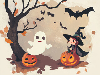 Charming Halloween Ghost and Witch Illustration with Jack-o-Lantern