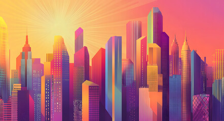“Vector Illustration of City Skyline at Sunset with Vibrant Colors”
