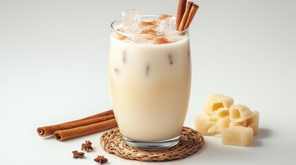 Iced Cinnamon Milk Drink with Sugar Cubes and Cinnamon Sticks