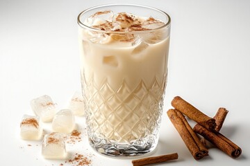 Iced Cinnamon Milk Drink in a Cut Glass with Cinnamon Sticks