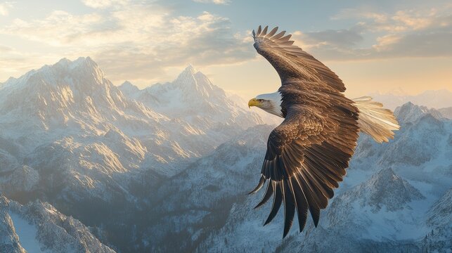 Majestic Bald Eagle Soaring Over Snowy Mountains at Sunrise