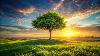 Fototapeta premium Small tree growing in vibrant green world at sunrise, tree, growth, nature, environment, sustainable, Earth Day, ecology