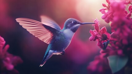 Naklejka premium Hummingbird in Flight, Drinking Nectar from Flowers
