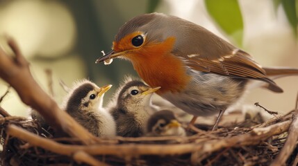 Fototapeta premium Mother Robin Feeding Her Chicks