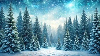 Fototapeta premium Serene winter forest scene with snow-covered evergreen trees and falling snowflakes, Winter, forest, serene