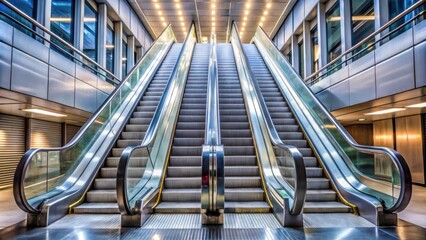 Metal escalators with nobody , futuristic, empty, technology, modern, stairs, transportation, industrial, metallic