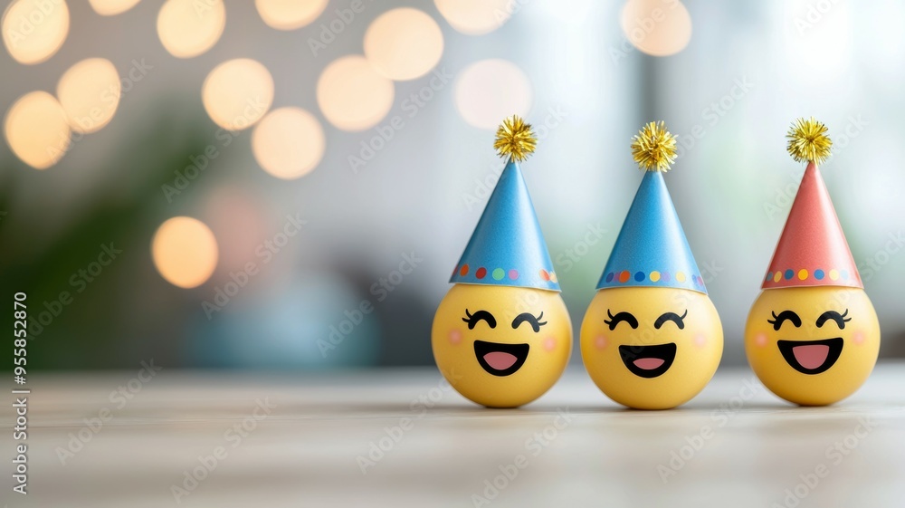 Poster three smiling faces with party hats on a table