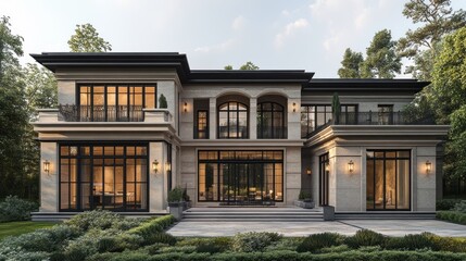 Fototapeta premium Elegant modern mansion surrounded by lush greenery and natural light.