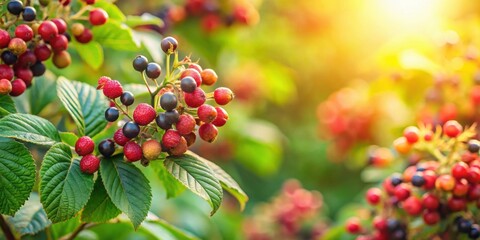Fototapeta premium Wild berry bush with vibrant ripe berries and green leaves, nature, plant, outdoor, growth, organic, fresh, botanical, forest
