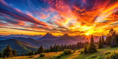 Obraz premium Vibrant sunset over a peaceful mountain landscape with colorful sky, sunset, landscape, mountains, colorful, tranquil, peaceful