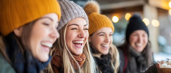 Obraz premium A joyful group of friends laughing together in winter hats, enjoying a cozy moment in a festive environment.