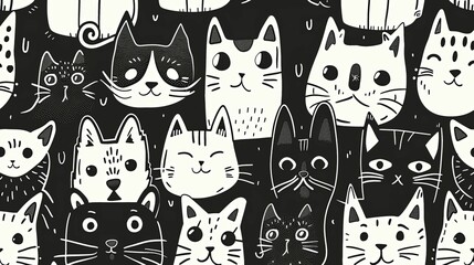 Black and White Cartoon Cat Faces Seamless Pattern