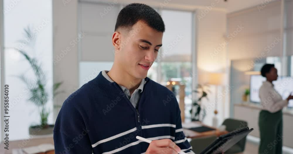 Poster Research, tablet and businessman with pen in office for software development, review and update. Happy, developer and person with tech at work for and operating system, emulator app and planning