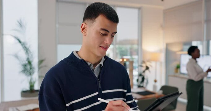 Research, tablet and businessman with pen in office for software development, review and update. Happy, developer and person with tech at work for and operating system, emulator app and planning