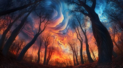 A dreamlike forest with trees that have glowing bark, under a sky filled with swirling colors