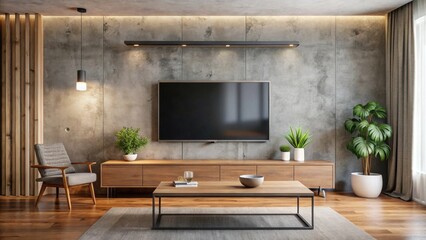Led TV mounted on a concrete wall above a wooden table in a modern living room