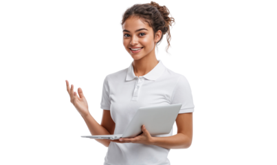 Portrait of a smiling young businesswoman holding a laptop for a presentation, isolated on transparent background, cut out