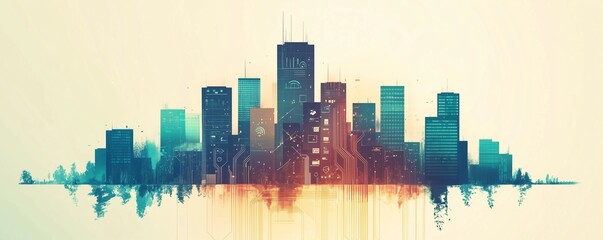 Obraz premium Futuristic City Skyline Made Up of Digital Elements with Business Icons and Circuit Lines Embedded in the Structures 