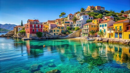 Obraz premium Vibrant image of a quaint Mediterranean island village with colorful buildings and crystal clear waters
