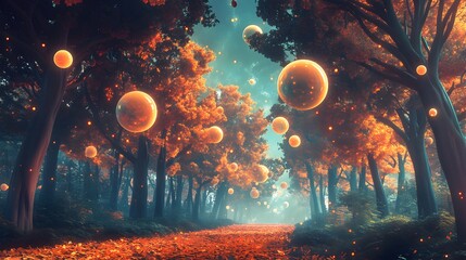 Obraz premium A surreal forest with trees that have glowing leaves, under a sky filled with floating orbs