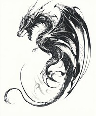 A stylized black and white dragon illustration with intricate details and dynamic pose.