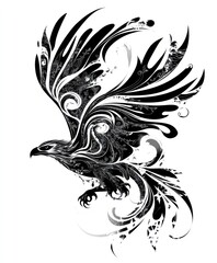 Obraz premium A stylized black and white illustration of an eagle with intricate swirling patterns.