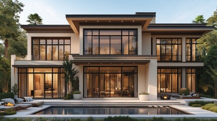 Modern luxury home with large windows and a pool.