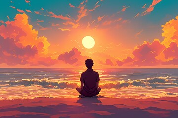 A serene sunset scene featuring a young man silhouetted against the vibrant sky.