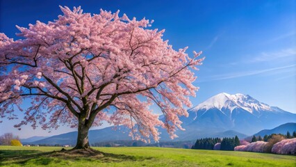 Cherry blossom tree in full bloom with blue sky and distant mountain backdrop, cherry blossom, tree, spring, blue sky, mountain