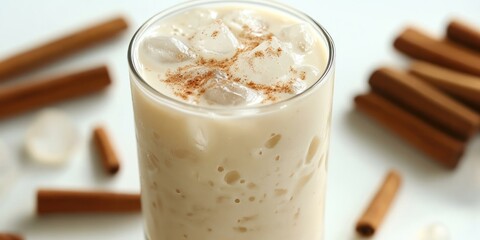 Iced Cinnamon Milk Drink with Ice Cubes in a Glass