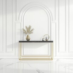 Gold Console Table with Marble Top and White Wall Paneling
