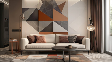 Living room with a sofa against a geometric-patterned accent wall in muted tones. home interior design concept 