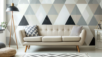 Living room with a sofa against a geometric-patterned accent wall in muted tones. home interior design concept 