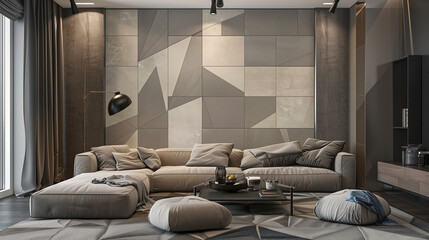 Living room with a sofa against a geometric-patterned accent wall in muted tones. home interior design concept 