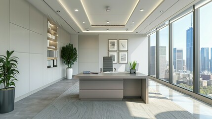 Modern Office Interior with Desk, Cabinets, and Window View &ndash; 3D Rendering